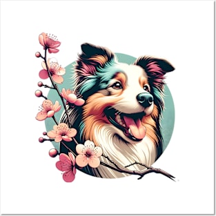 Miniature American Shepherd Enjoys Spring Cherry Blossoms Posters and Art